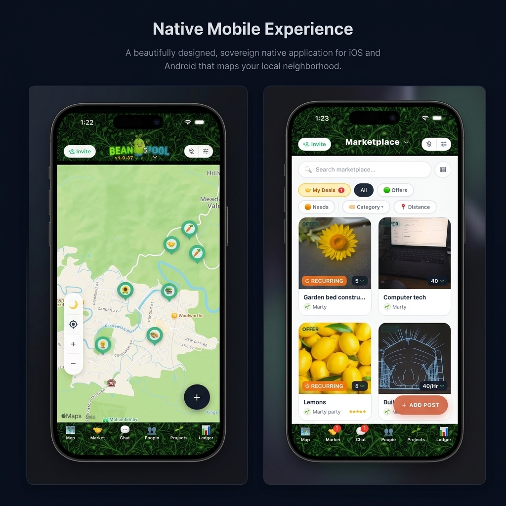 BeanPool native mobile app — Map and Marketplace views